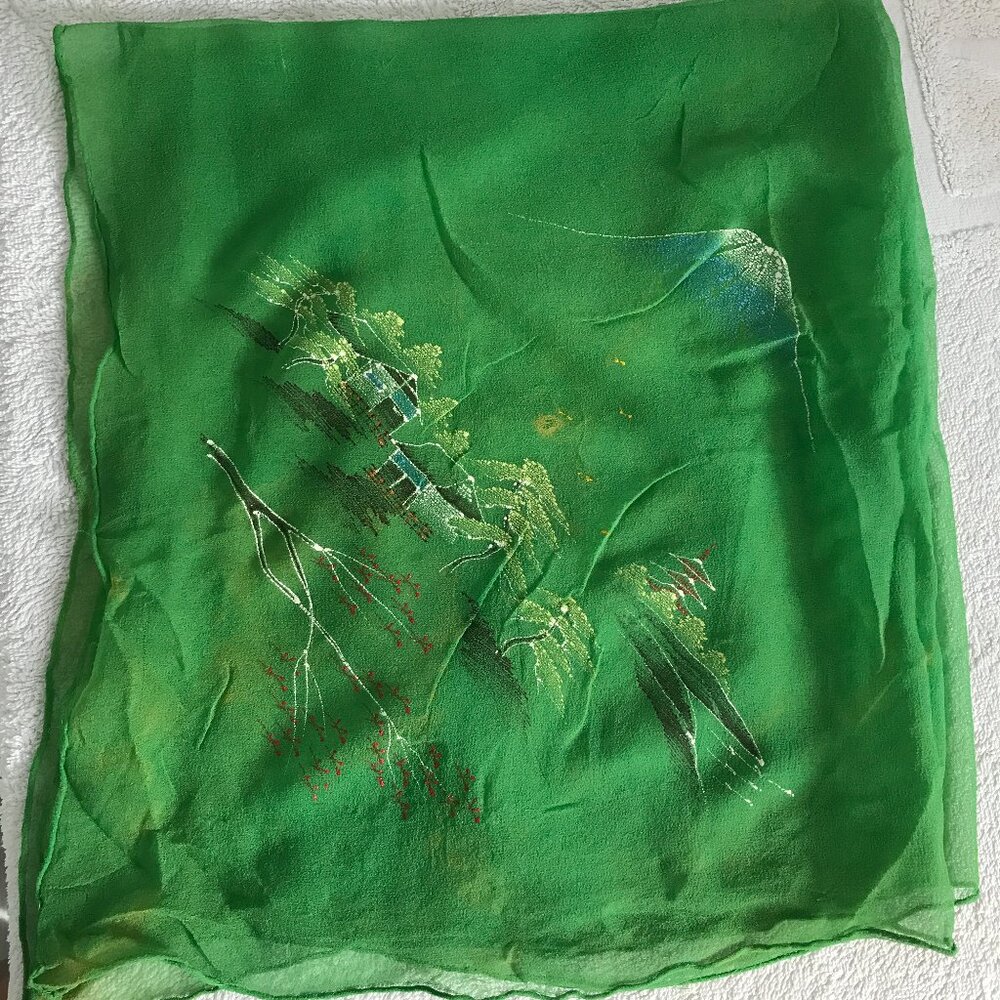 MOUNT FUJI SILK GREEN CHIFFON SCARF SQUARE SHEER HAND PAINTED